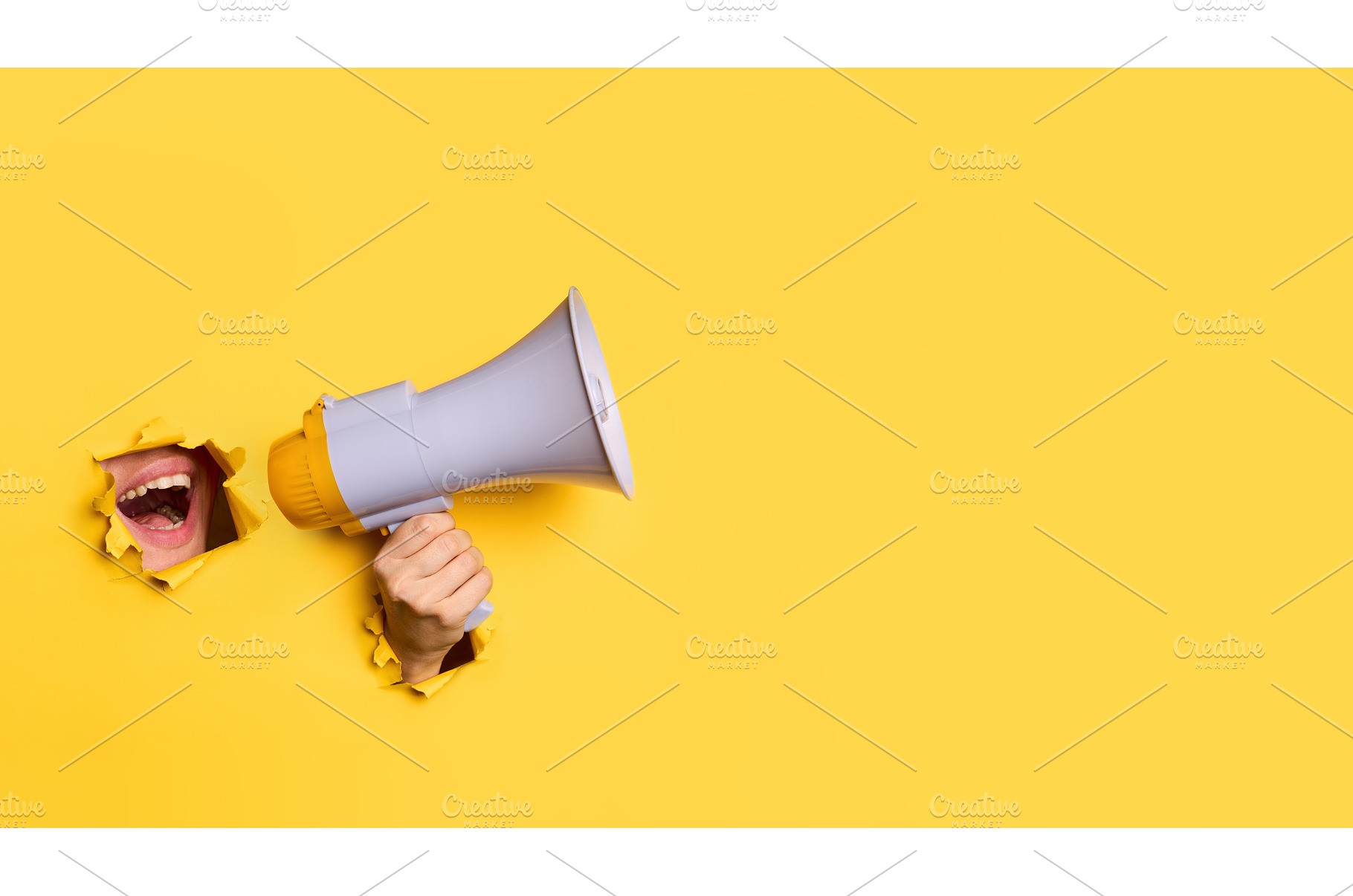 Female mouth screaming in megaphone, a Business Photo by Gladkov photography