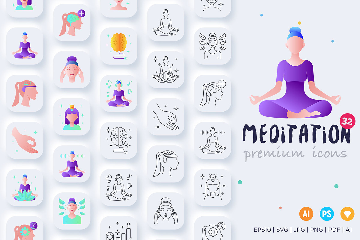 Meditation | 32 Icons Set Hand Drawn, an Outline Icon by Marina Silence (Photo 1 of 17)