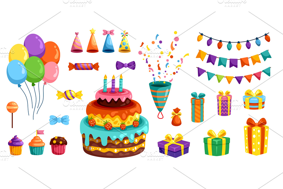 Cartoon birthday party decorations, an Object Illustration by Stock-Smart-Start