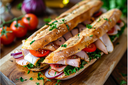 Delicious baguette sandwiches with, a Food & Drink Photo by Ylivdesign