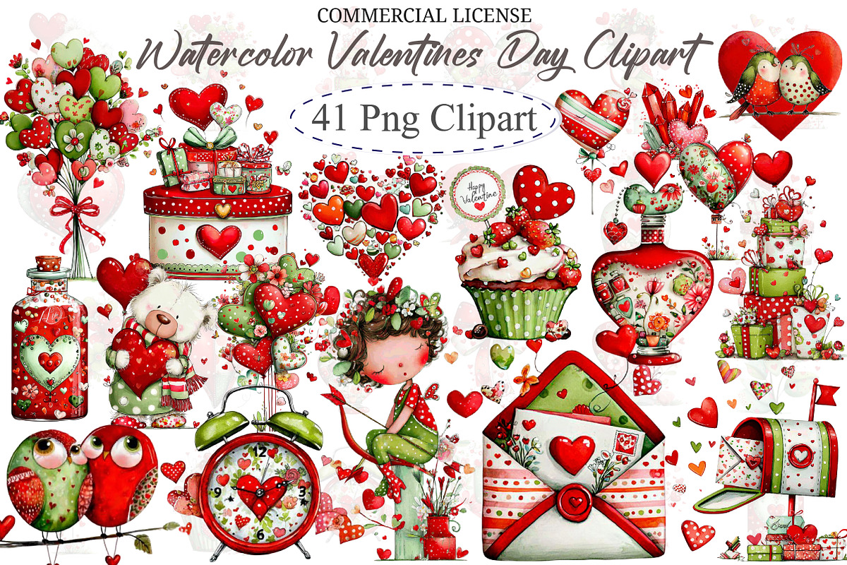 Watercolor Valentine's Day Clipart, an Illustration by designcity5 (Photo 1 of 5)