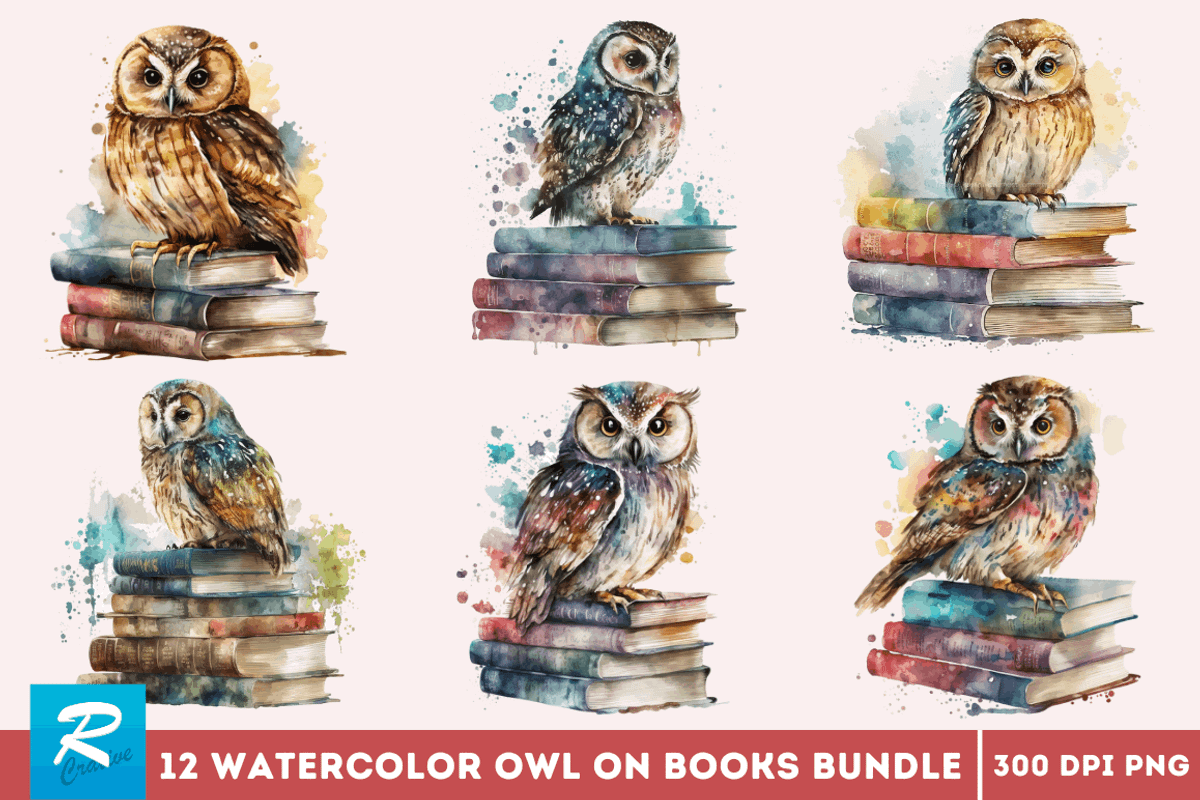 Watercolor Owl on Books Clipart Bund, an Object Graphic by Regulrcrative (Photo 1 of 7)