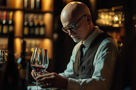 A sophisticated older sommelier man in a vest and glasses examines a glass of r, a Person Photo by Textures & Backgrounds