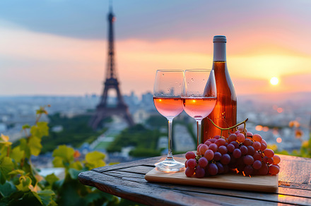 Bottle and wineglasses with ripe grapes on table on Eiffel Tower background, a Food & Drink Photo by AlyaAnd