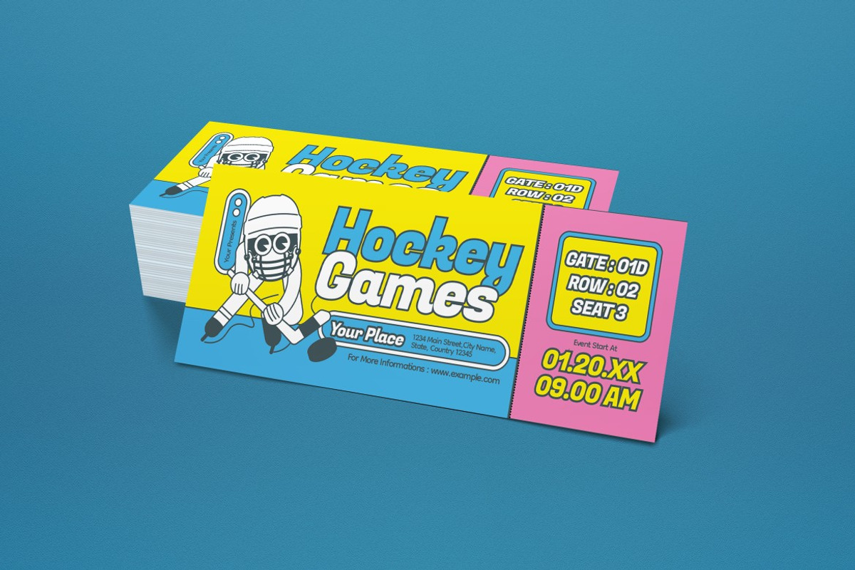 Blue Green Quirky Hockey Game Ticket, a Card Template by graphicook (Photo 2 of 3)
