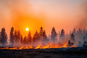 Sunset over a forest fire burning through trees in a remote natural landscape, a Photo by AlyaAnd