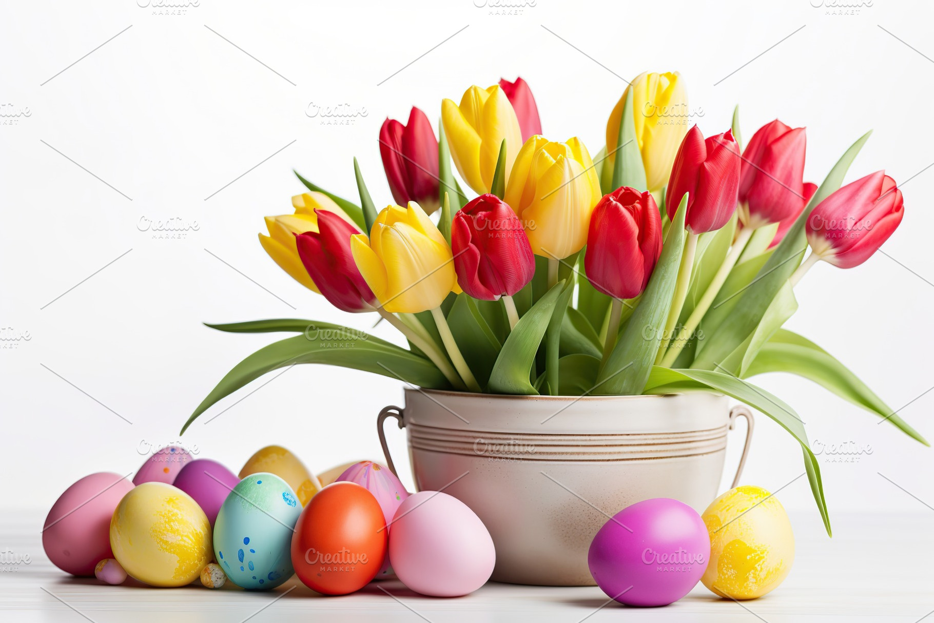 Colorful easter eggs with tulip flowers on white background, a Holiday Photo by AlyaAnd