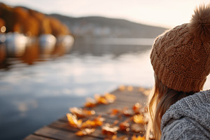 Woman in warm knitted hat sitting on, a Nature Photo by MistyDay