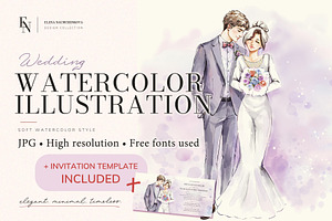 Watercolor Wedding Invite Set, a Marketing Template by Elena Naumchenkova