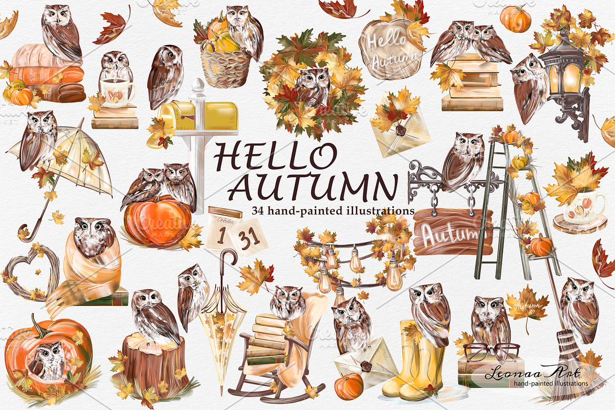 Hello Autumn Clipart Set, a Seasonal Illustration by Leonaa art (Photo 1 of 9)