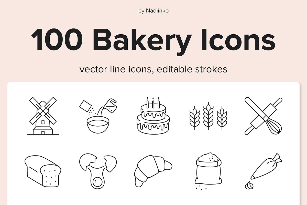 100 Bakery Icons, an Outline Icon by Nadiinko (Photo 1 of 3)