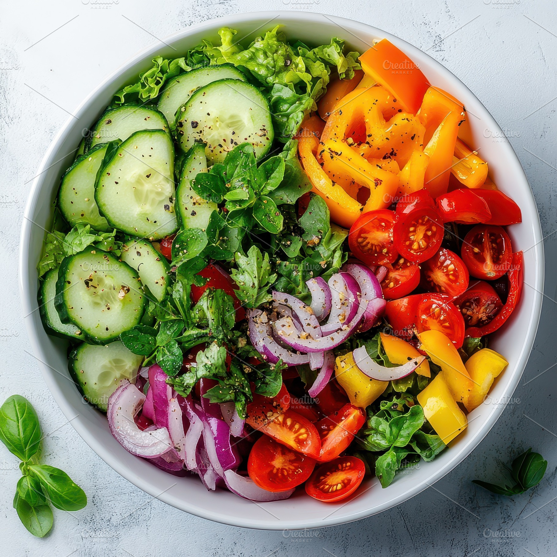 Colorful fresh vegetable salad in bo, a Food & Drink Photo by Pixeness Studio