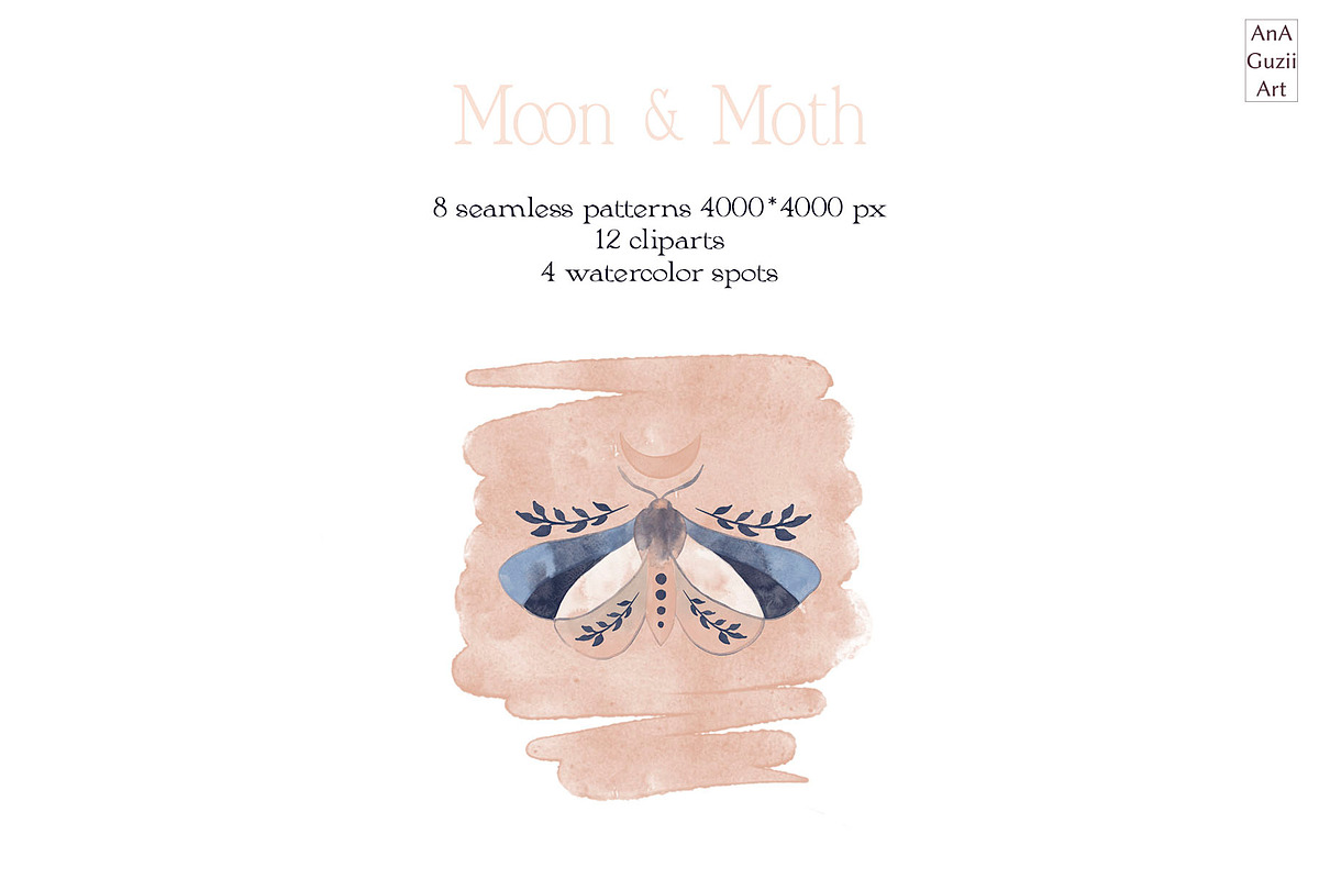 Moon and moth pattern & clipart, a Decorative Illustration by AnaGuziiArt (Photo 6 of 6)
