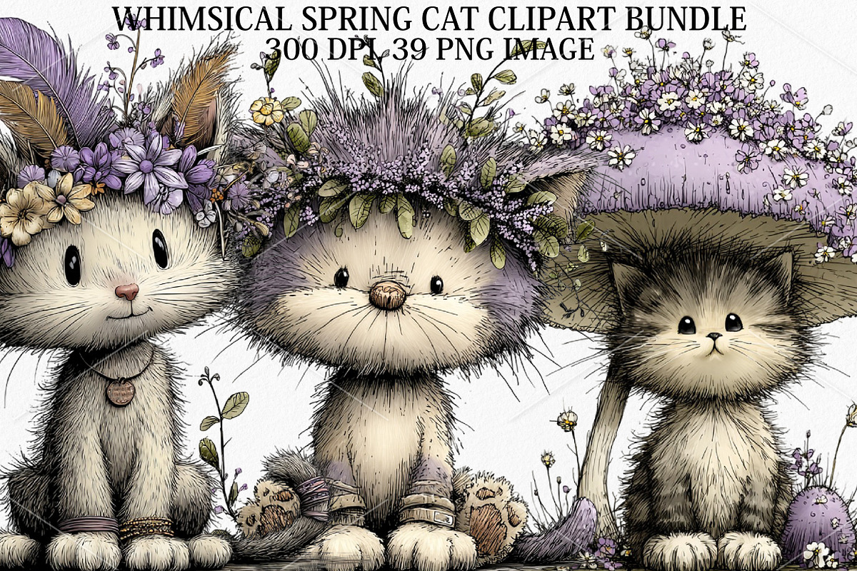 Whimsical Spring Cat Clipart Bundle, a Seasonal Illustration by Canvas Craft (Photo 1 of 7)