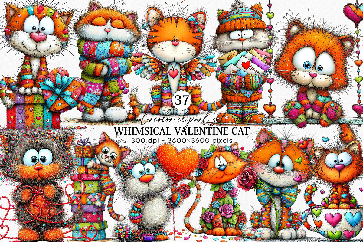 Whimsical Valentine Cat Clipart, an Illustration by Canvas Craft (Photo 1 of 6)