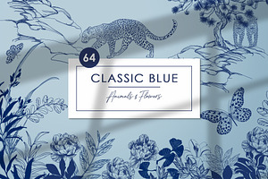 Classic blue. Animals and flowers.