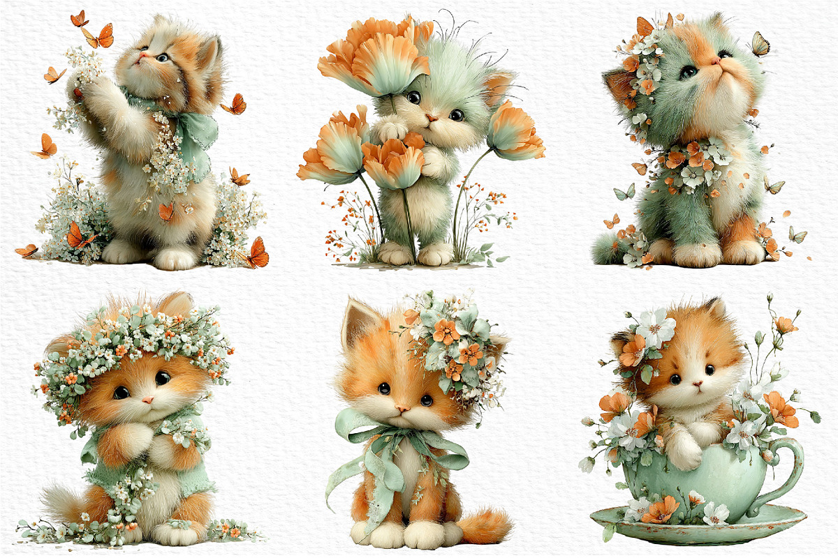 Whimsical Spring Cats Clipart, an Illustration by Craft Nest (Photo 3 of 11)