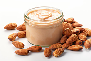 Glass jar of almond butter on white background, a Food & Drink Photo by AlyaAnd