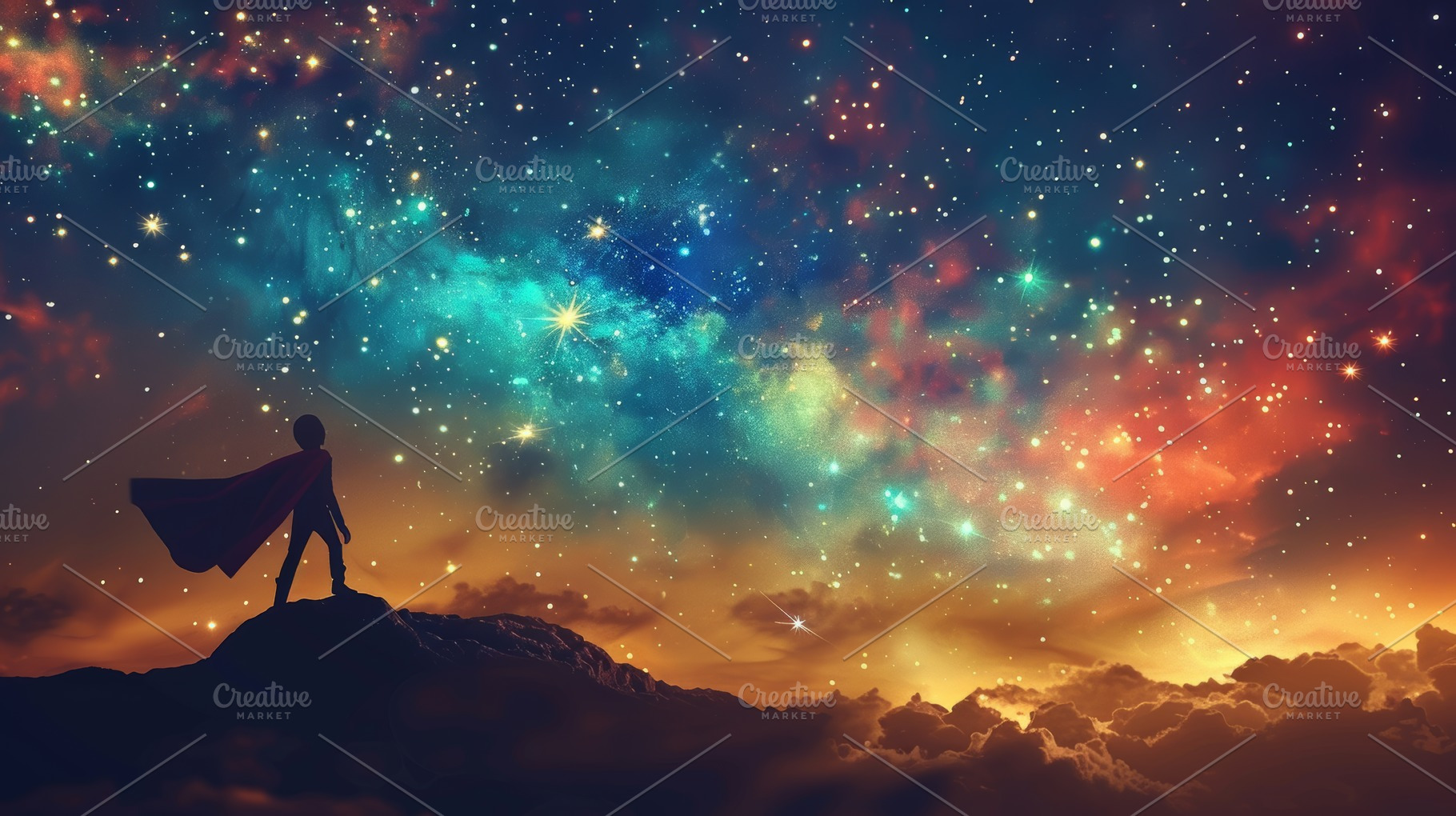 Silhouette of a man reaching for a shooting star in a colorful sky, a Photo by AS photostudio