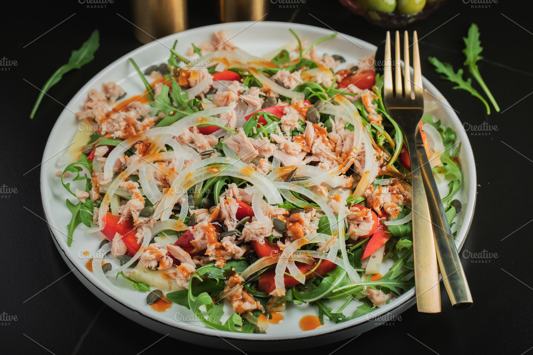Fresh Tuna Salad with Onions and Cherry Tomatoes. Italian Mediterranean Cuisine, a Food & Drink Photo by Budarinphoto