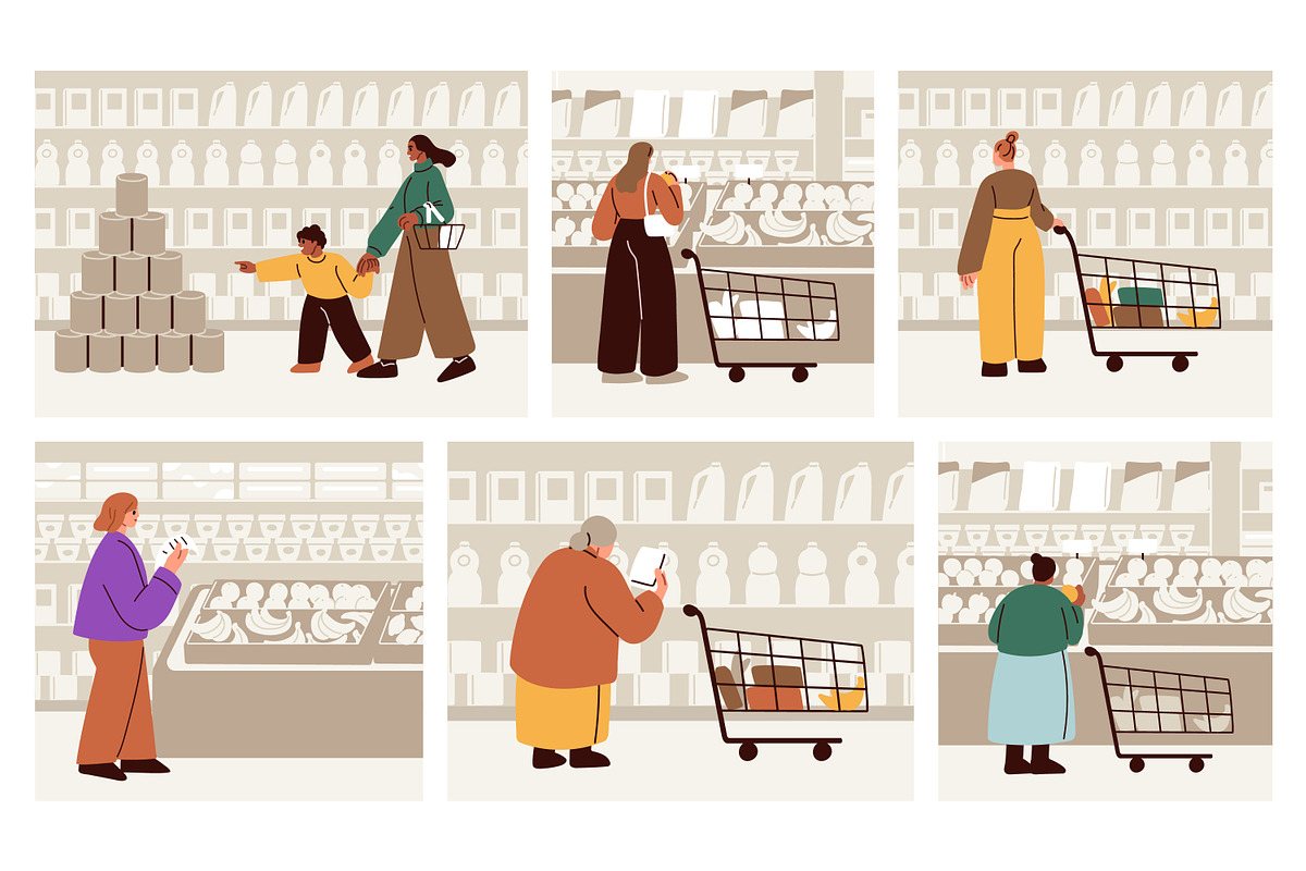 People buy groceries in supermarket, a Person Illustration by Good Studio (Photo 1 of 7)
