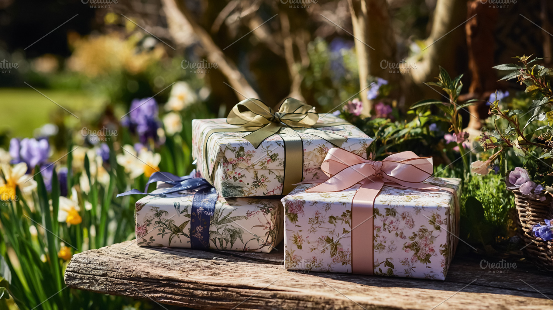 Gifts on wooden table, celebrating special occasion outdoors in, a Photo by Studio ANNA