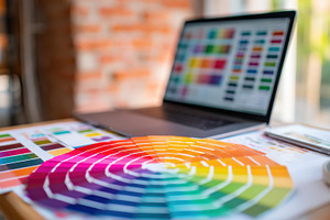 Color palettes and laptop in a creative workspace, an Arts & Entertainment Photo by AlyaAnd