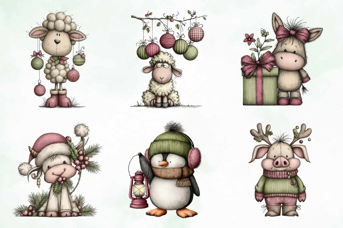 Whimsical Christmas Animals Clipart, an Illustration by Creative Art (Photo 2 of 11)