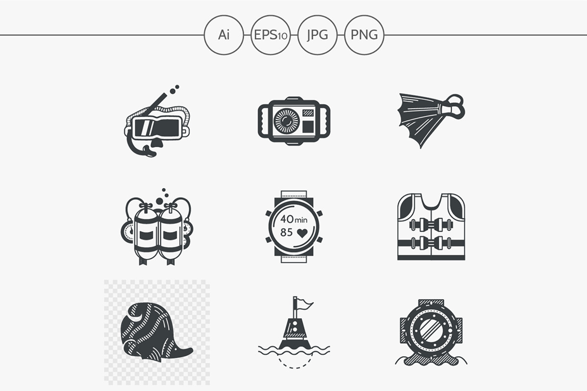 Diving black design icons. Set 1
