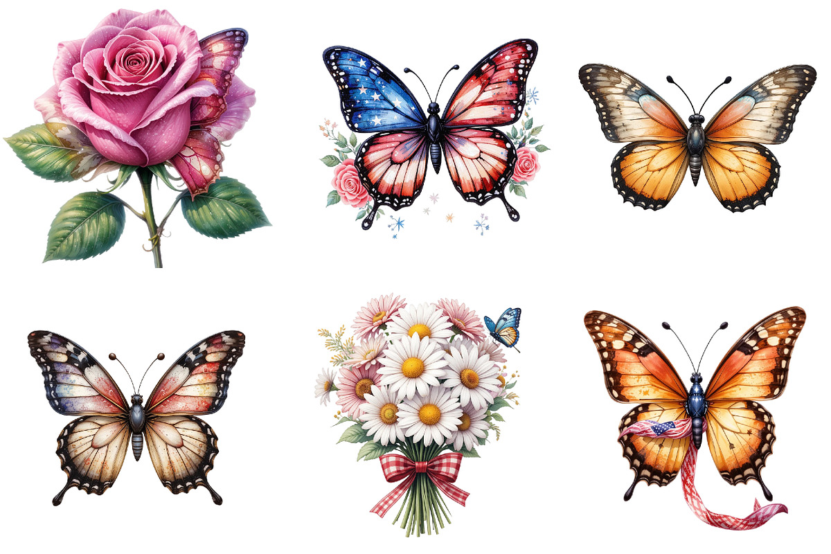 Butterfly Flower USA Flag Graphics, an Illustration by Watercolor design (Photo 4 of 4)