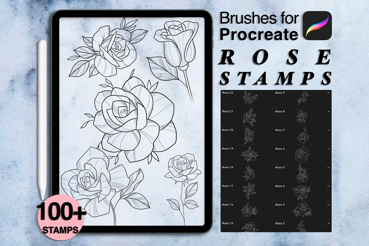 100 procreate rose stamps, a Brush Add-On by Arts For Peace (Photo 1 of 8)