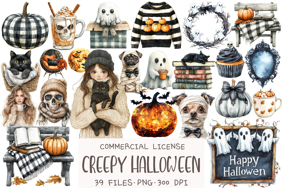 Watercolor Creepy Halloween Clipart, an Illustration by OK Design (Photo 1 of 5)