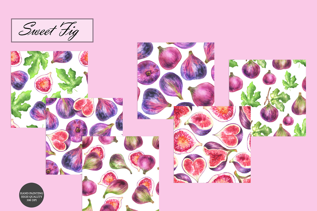Watercolor Fig Seamless Patterns, a Food Illustration by OlDm_Shop (Photo 8 of 10)