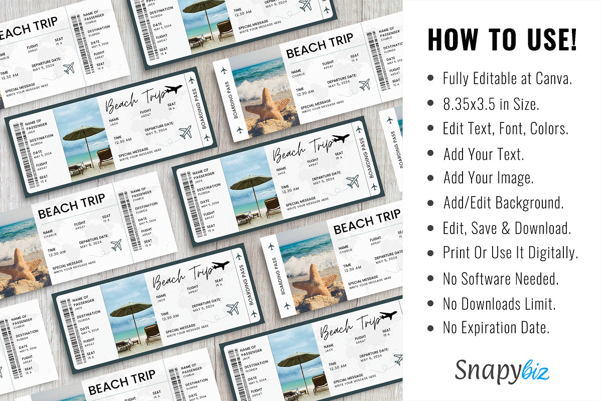 Beach Vacation Trip Ticket Template, an Invitation Template by Snapybiz (Photo 8 of 10)