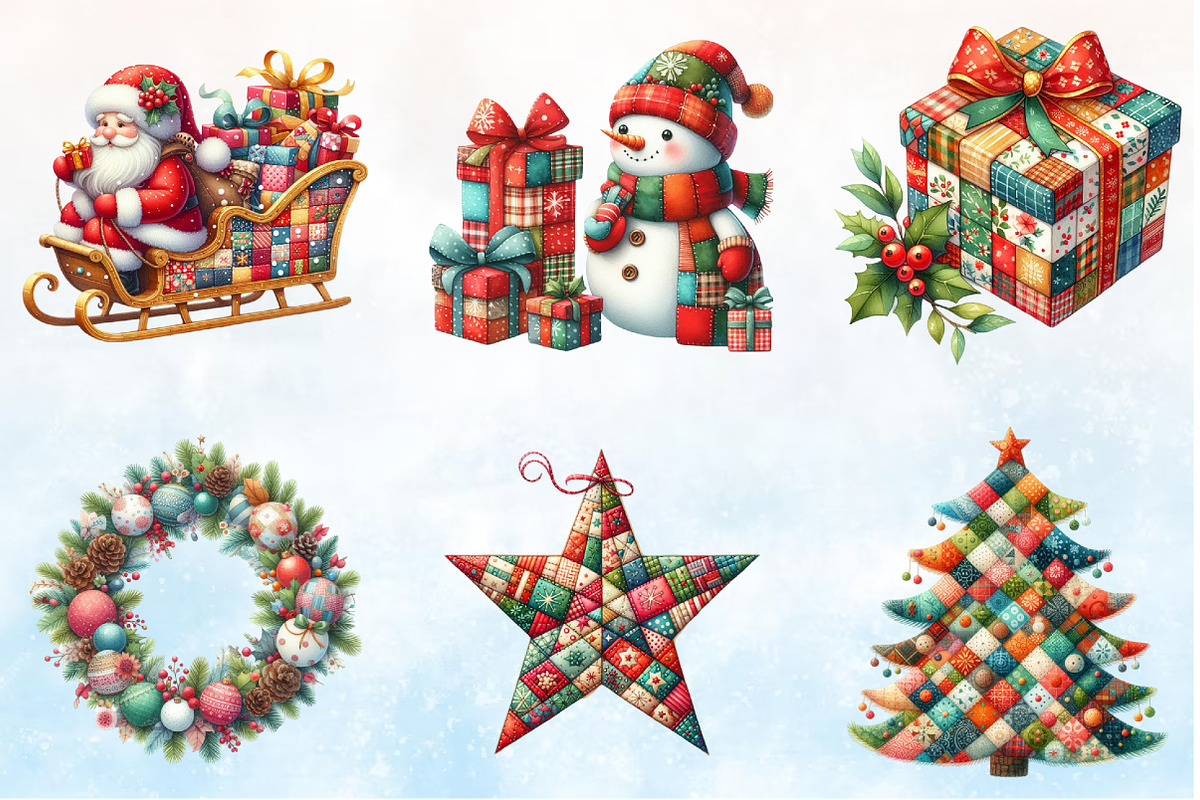 Watercolor Patchwork Christmas Clipa, a Seasonal Illustration by Rose Art (Photo 2 of 3)