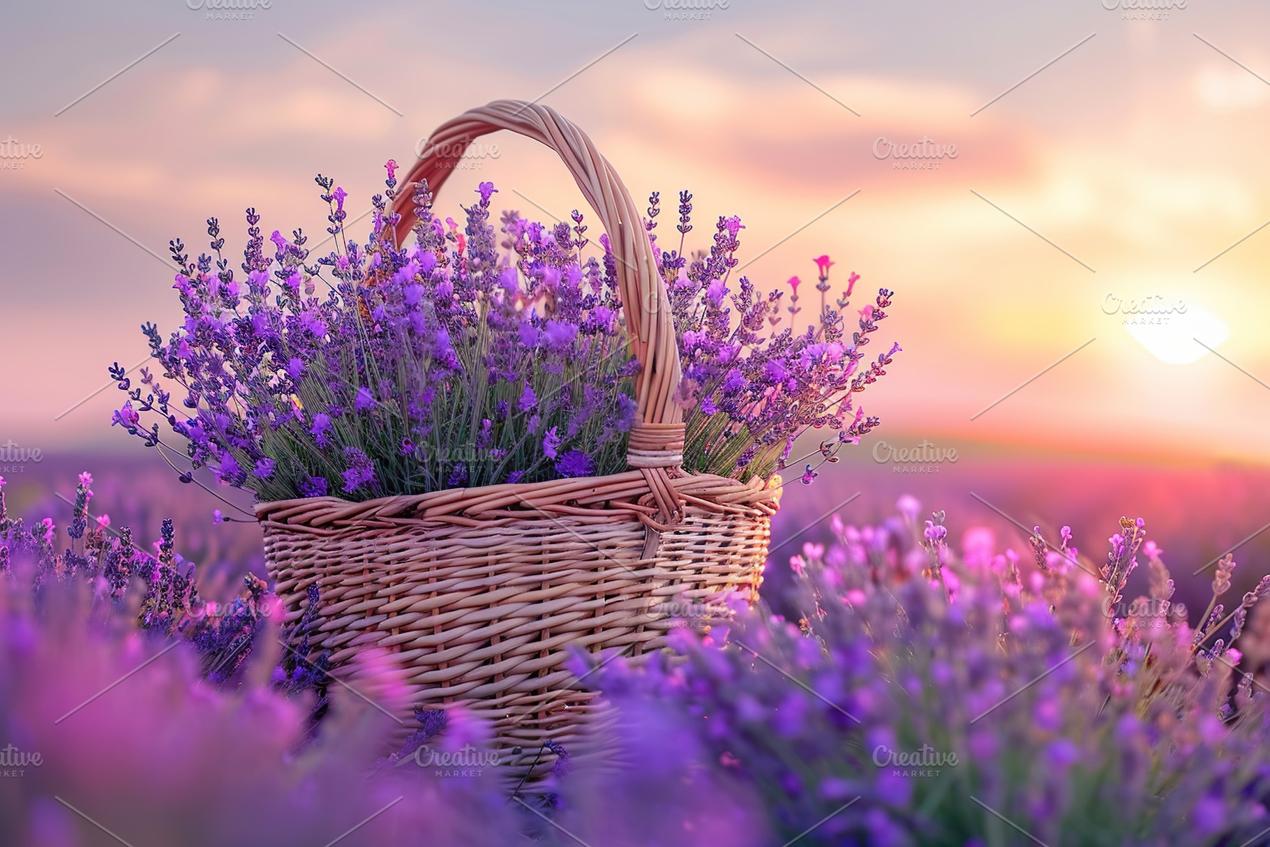 Basket with lavender flowers on lavender field background, a Nature Photo by AlyaAnd