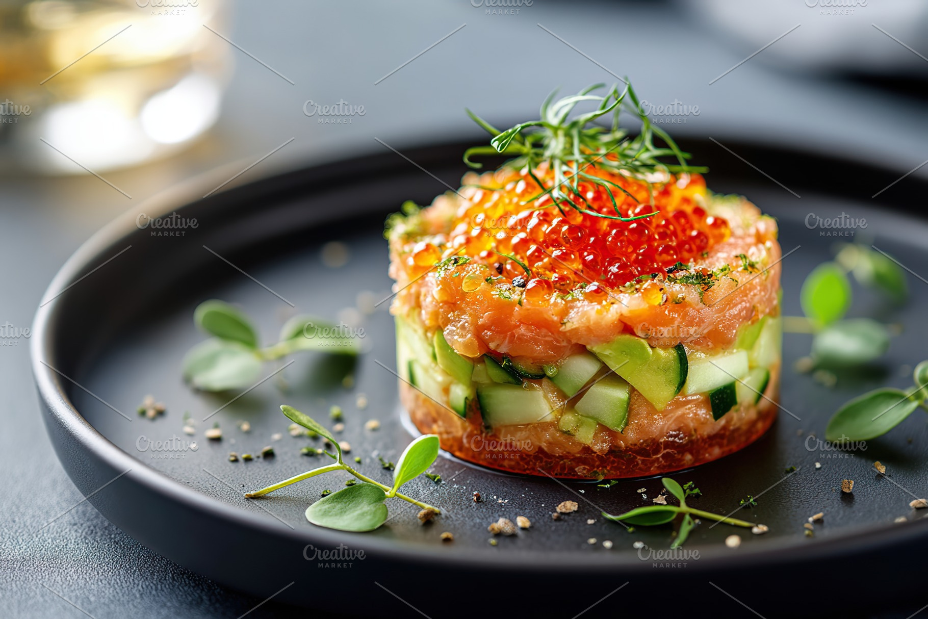 Exquisite salmon tartare served on a black plate with fresh herbs in a modern r, a Food & Drink Photo by AlyaAnd