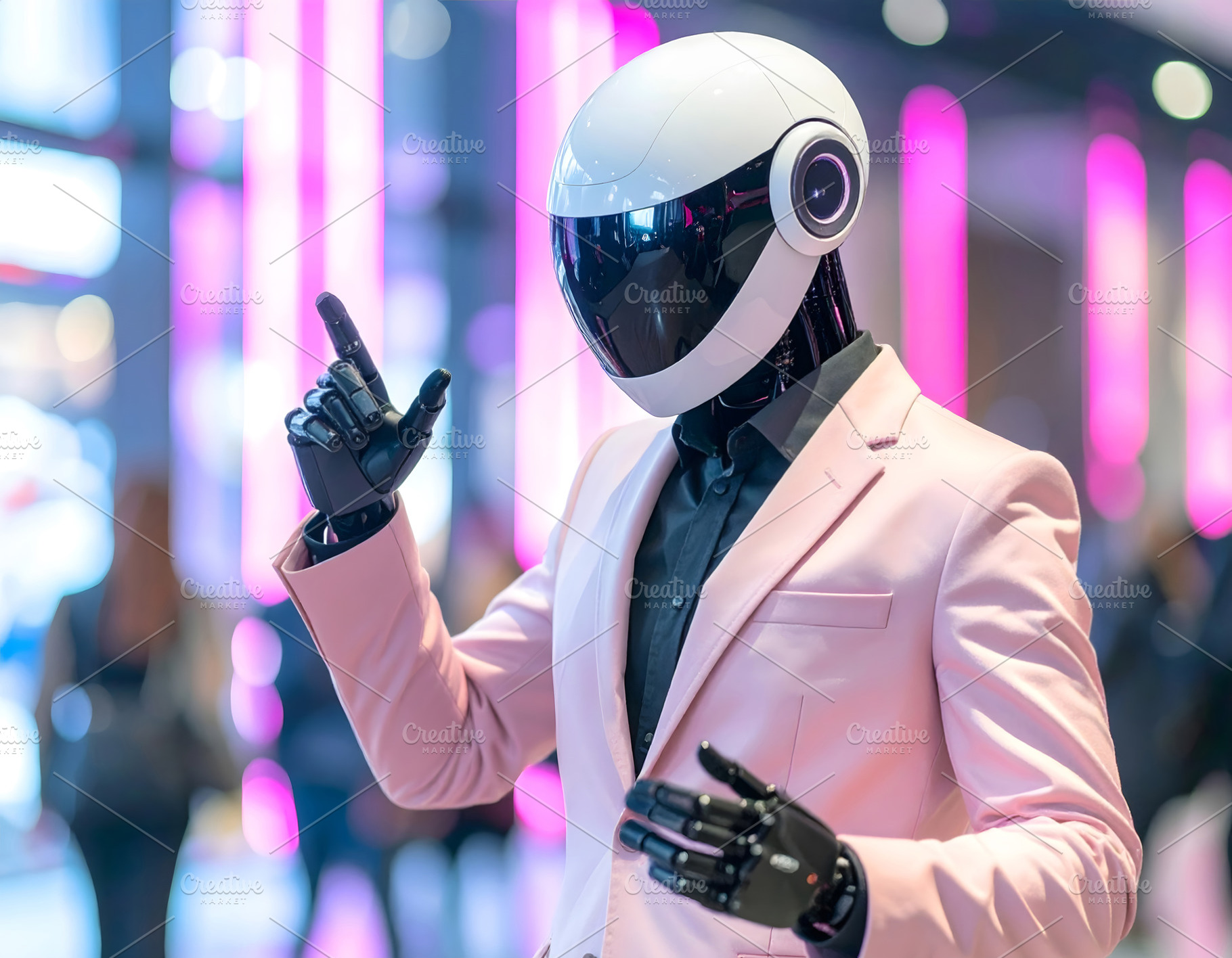 Robot in pink business suit pointing upward with confidence, a Technology Photo by GoodGoods