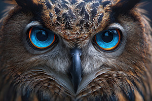 Magnificent owl displays vibrant blue eyes in intricate feather detail, an Animal Photo by AlyaAnd
