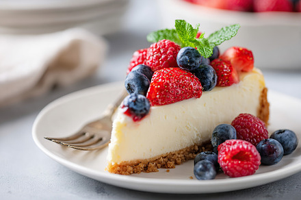Creamy cheesecake slice with fresh berries on a white plate in a cozy setting, a Food & Drink Photo by AlyaAnd
