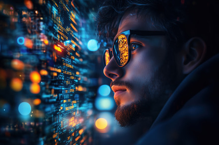Portrait of a young man IT Evangelist wearing sunglasses, gazing intently at a, a Person Photo by Textures & Backgrounds