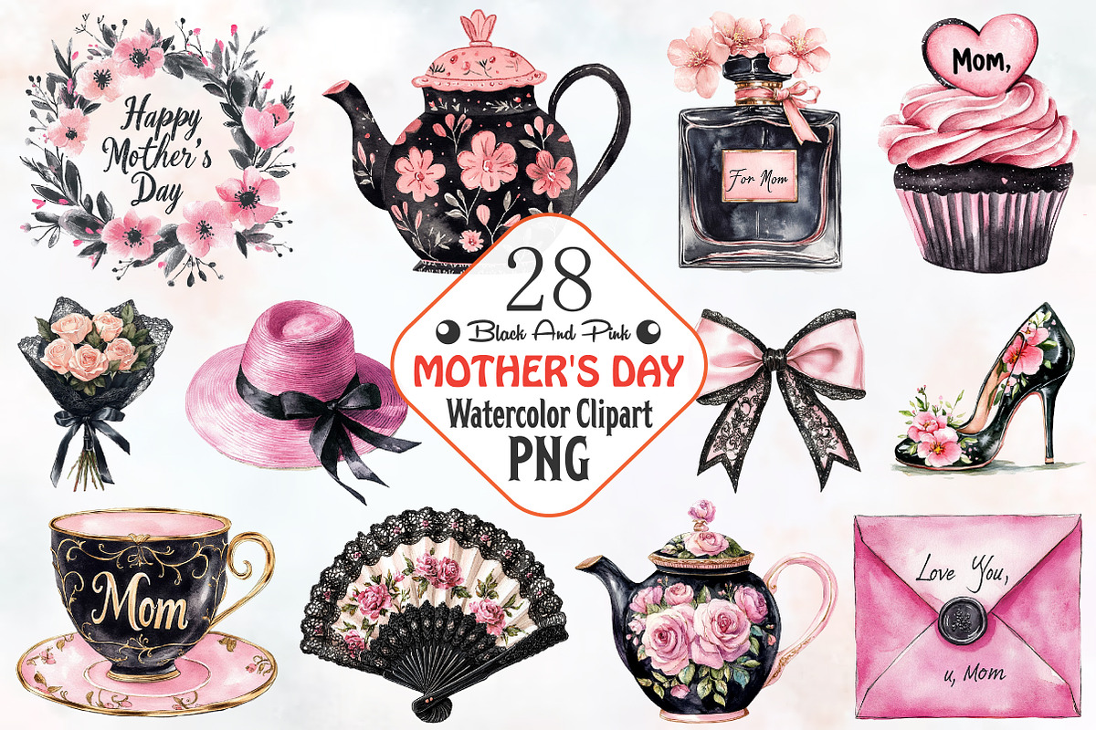 Black and Pink Mother's Day Clipart, a Seasonal Illustration by RobertsArt (Photo 1 of 7)