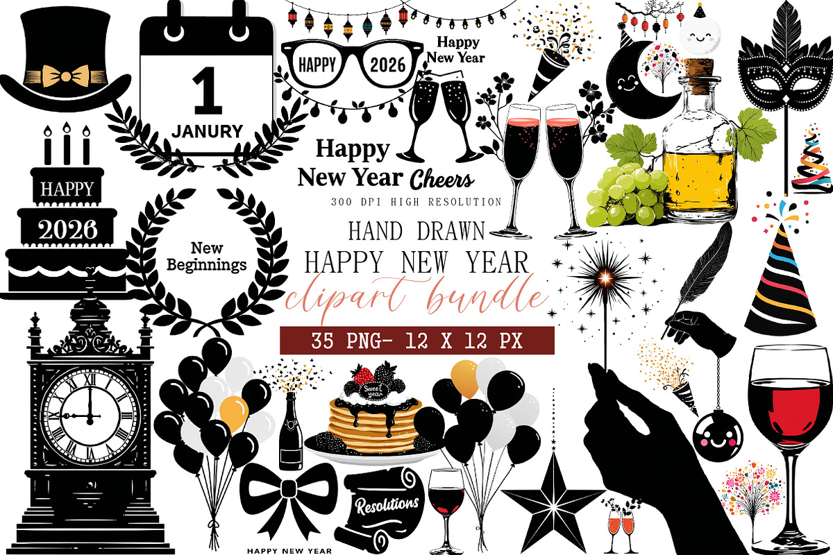 Hand Drawn Happy New Year Clipart, an Illustration by DreamArtGraphic (Photo 1 of 4)