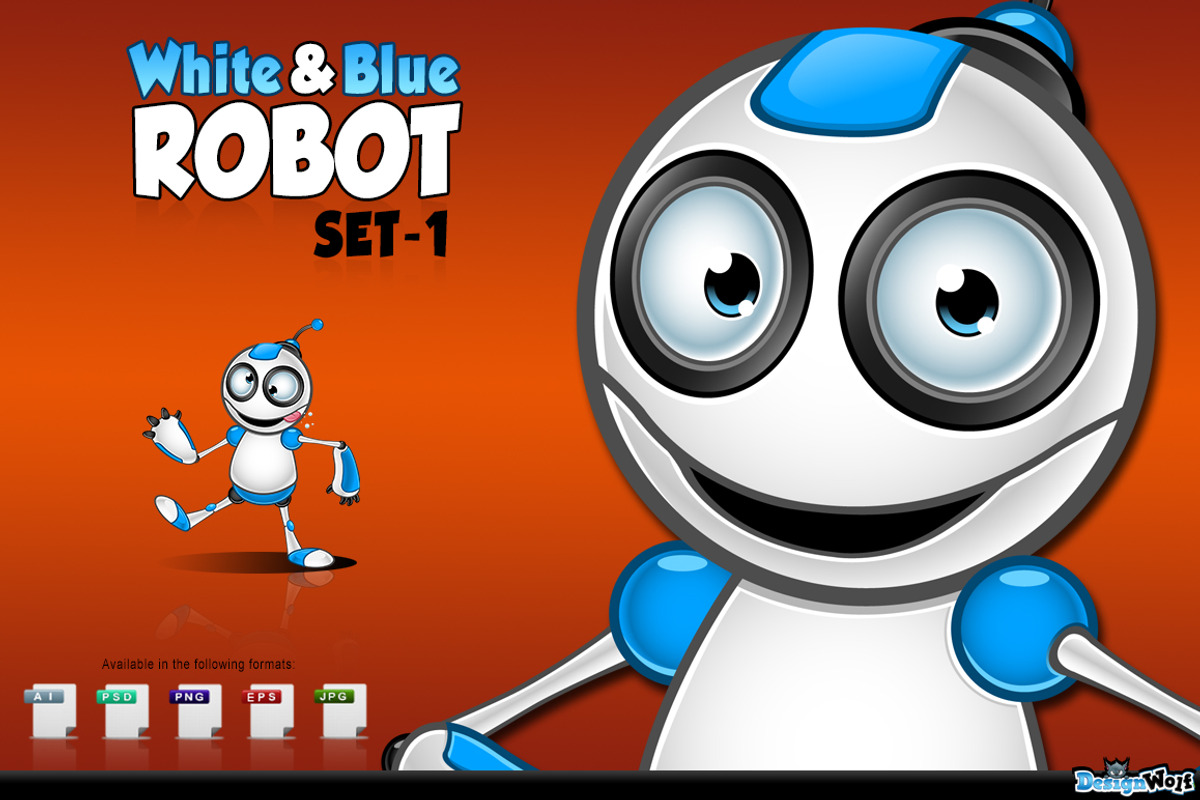 White & Blue Robot Character - Set 1, a Technology Illustration by DesignWolf (Photo 1 of 2)