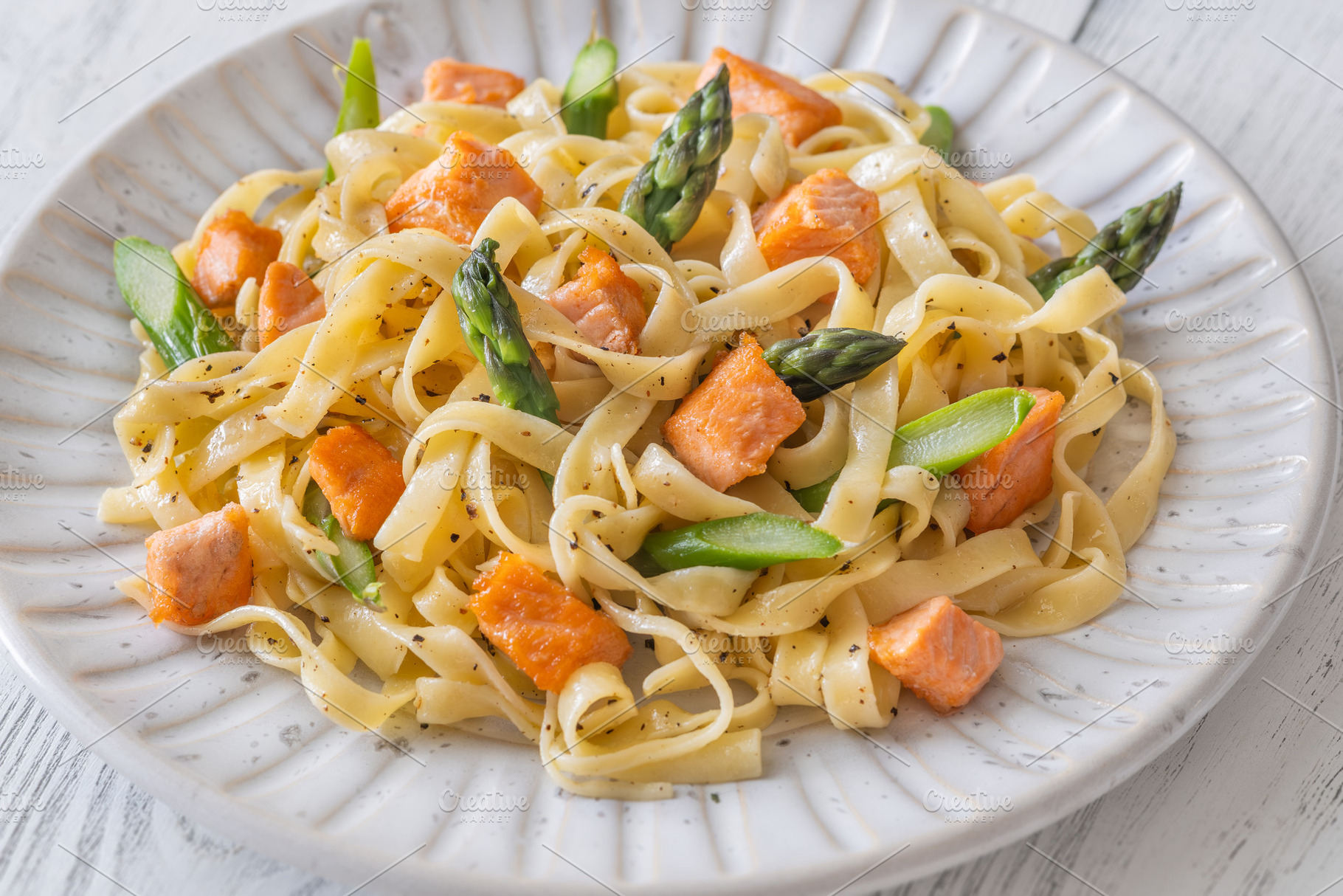 Healthy Fettuccine Pasta With Salmon And Fresh Asparagus Mediter, a Food & Drink Photo by Alexander Prokopenko