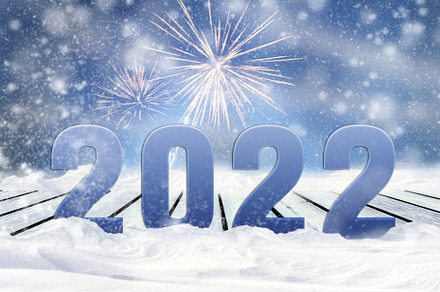 New year 2022, banner greeting card layout with snow, blue backg, a Holiday Photo by Byrdyak