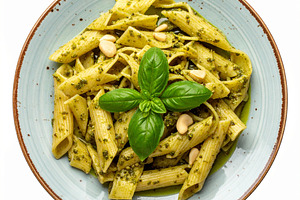 penne pesto food AI generated, a Photo by WorldOfPhotos
