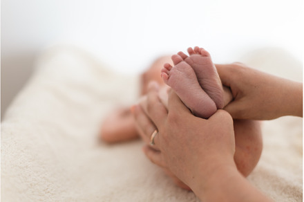 Mother holds newborn baby's bare, a Person Photo by HalfPoint