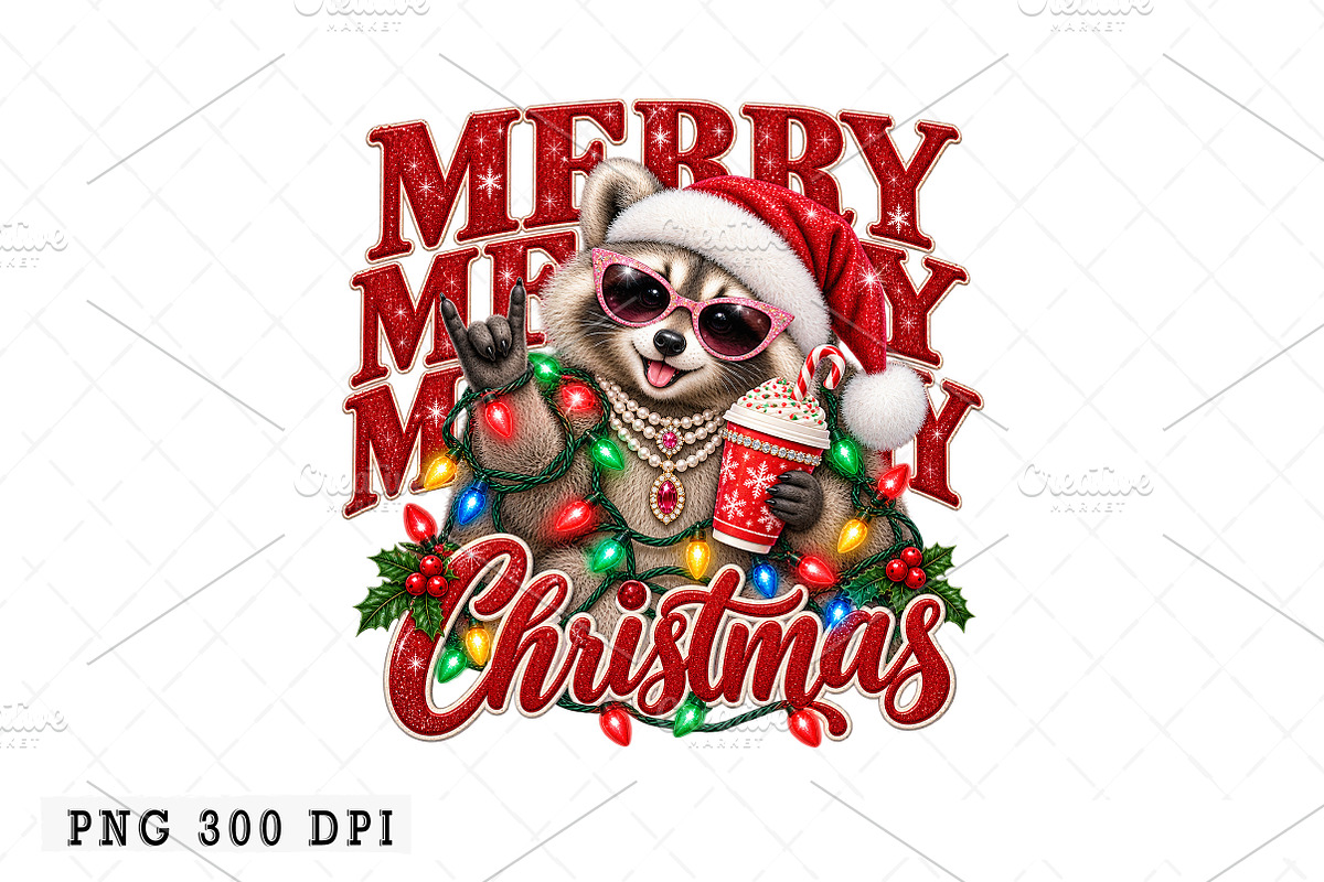 Merry Christmas Raccoon PNG, a Seasonal Illustration by Watercolor design (Photo 1 of 3)