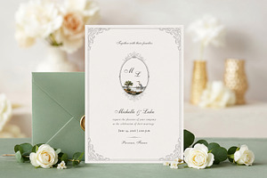 French Heron Monogram Wedding Invite